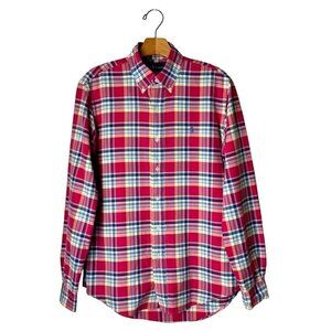 Ralph Lauren Shirt Men Small Red Plaid Cotton Custom Fit Button Down Preppy